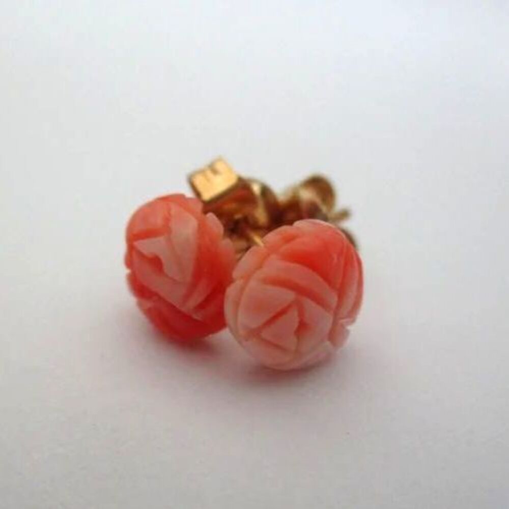Vintage angelskin coral carved rose flower stud earrings